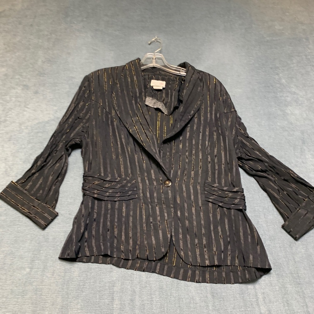 Dress Savvy Blazer Jacket Women 12 Black Gold Metallic Pinstripe Single Breasted